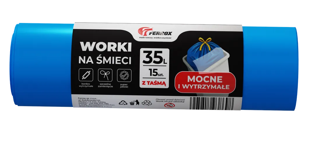 Worki na śmieci Ferrox 35 litrów, 15 sztuk z taśmą