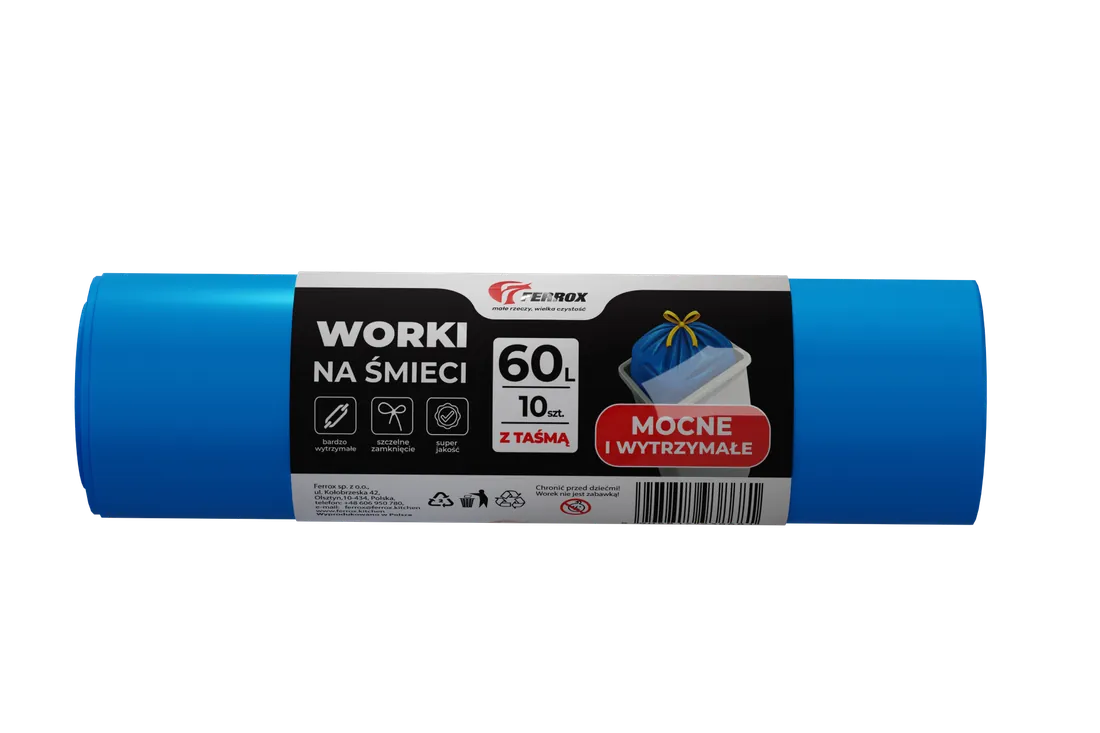 Worki na śmieci Ferrox 60 litrów, 10 sztuk z taśmą